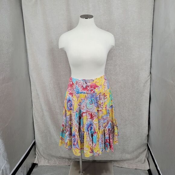 Lauren Ralph Lauren Linen Yellow Paisley Boho Teired Skirt Women's Petite Large - Picture 3 of 9